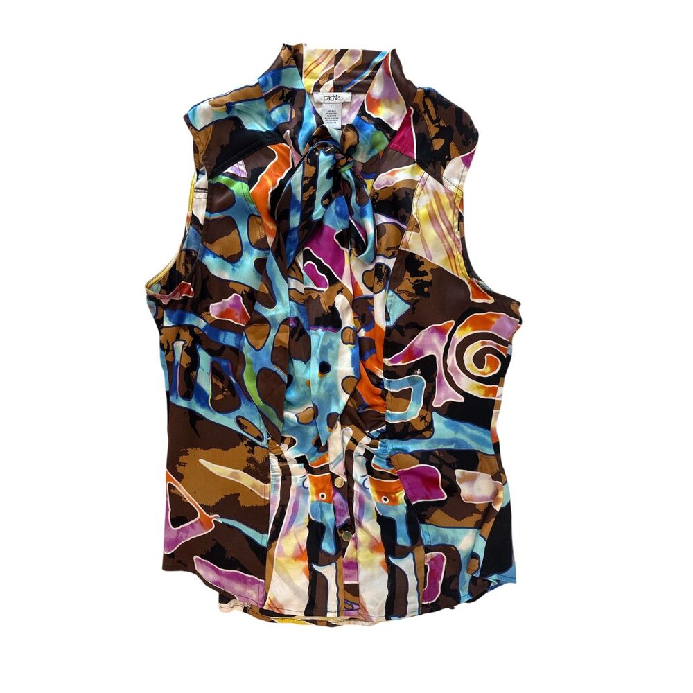 Cache Vintage Abstract Silk Sleeveless Blouse Tie Multicolor L EUC